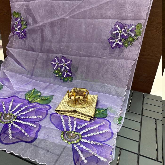 Soft Organza Saree with Beautiful Flower Print & Mirror Work in Saree